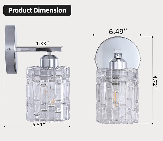 2-Pack Chrome Crystal Bathroom Vanity Lights, 1-Light Wall Mount Fixture for Over Mirror, Modern Wall Light for Bathroom, Bedroom, Hallway