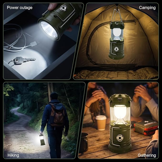 DIBMS 4-Pack Solar Camping Lantern, Collapsible Flashlight Emergency Lights | LED Solar USB Rechargeable Lamp Tent Hanging Lights Survival Kits for Hurricanes Power Outages Indoor Outdoor (Army Green)