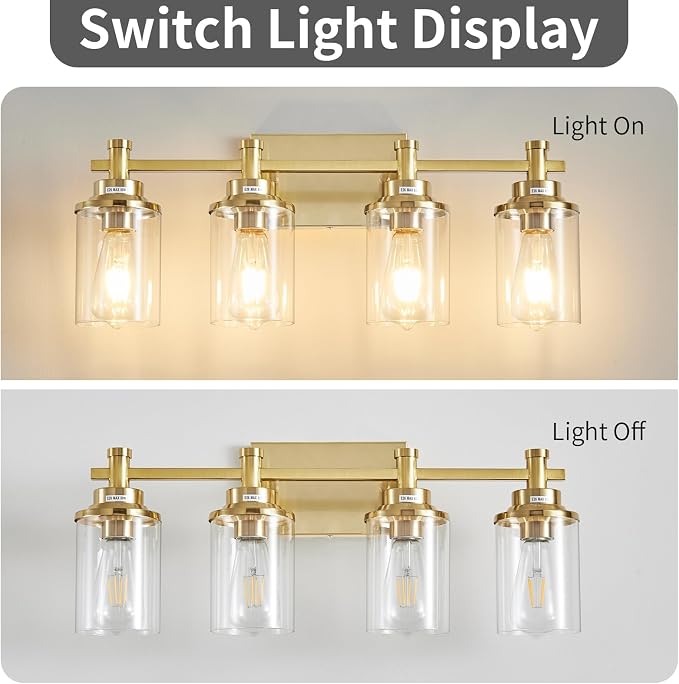 4 Light Brushed Brass Vanity Light Over Mirror, Gold Bathroom Fixtures, Vintage Wall Sconce With Clear Glass Shade, Brushed Gold Lights for Bathroom