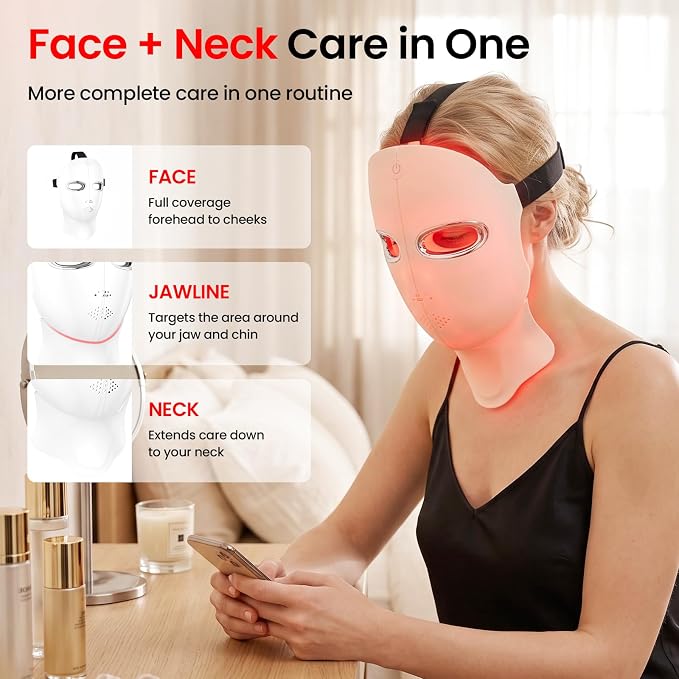 Red Light Therapy Mask for Face and Neck, Cordless LED Face Mask | 7-Color Multi-Mode Skincare Device, Detachable Neck Panel, echargeable for Home Use