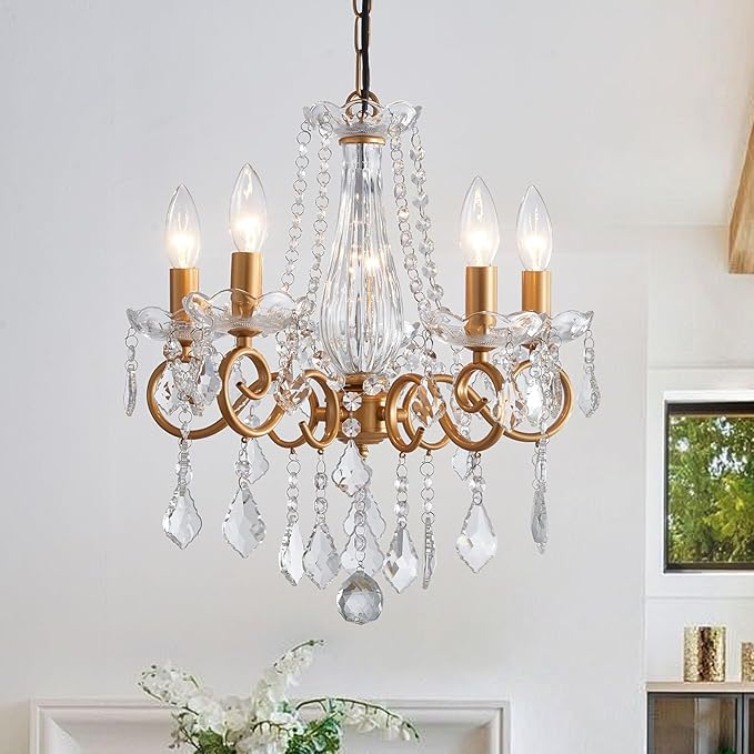 Crystal Chandelier, 5-Light Chandelier for Dining Room Light Fixture, K9 Crystal Pendant Ceiling Light Fixture, Modern Candle Chandelier for Living Room Kitchen Island Entryway Bedroom (Gold)