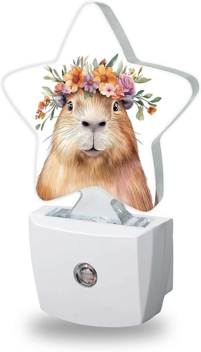 Cute Capybara Night Lights Plug Into Wall,Spring Flower Animal Dusk to Dawn Light Sensor Night Light for Kids, Energy Efficient Sleep Friendly Lamp for Bedroom Bathroom Nursery