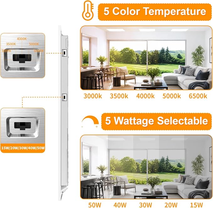 6 Pack 2x2 LED Flat Panel Light Drop Ceiling Office Fixture 5 CCT 3000K-6500K Adjustable & 5 Wattage 15W-20W-30W-40W-50W Selectable, 0-10V Dimmable，Flush Mount Ceiling Light