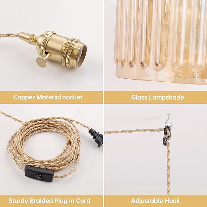 Plug in Pendant Light Hanging Light Fixtures with Plugin Cord On/Off Switch,Amber Striped Glass Lampshade Brass Pendant Light