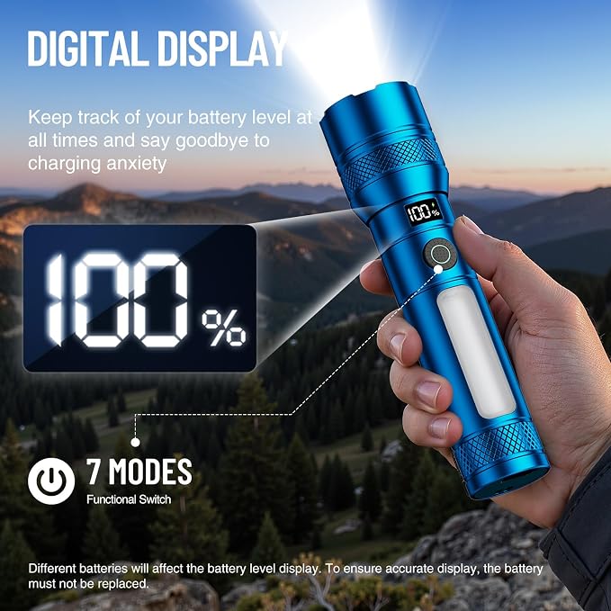 Rechargeable Flashlights 2 Pack, High Lumens LED Flashlight Blue | LCD Battery Display, 7 Lighting Modes & Dual Light Source, IP65 Waterproof Tactical Flashlight For Camping, Hiking, Emergency