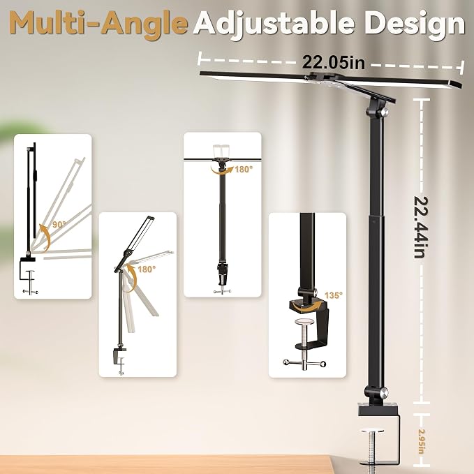 LED Desk Lamp for Office Home, Architect Desk Light with Clamp, Black | Height Adjustable Eye Caring Stepless Dimming Desk Lamp for Reading, Study, Workbench, 50 Lighting Models