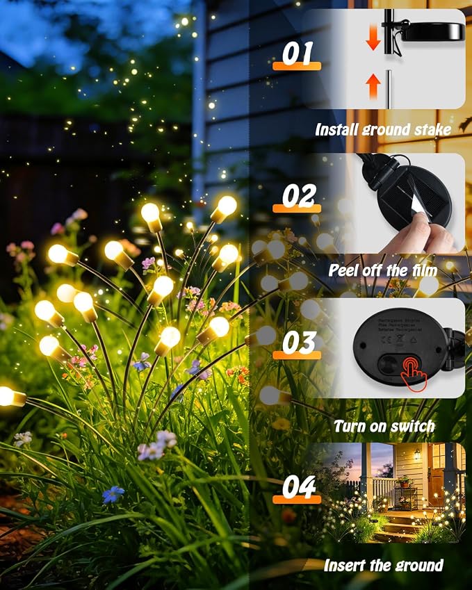 OZS 8 Pack Total 64 LED Solar Firefly Lights Fairy Outdoor - Solar Garden Lights Outdoor, Sway by Wind, Waterproof for Garden Patio Pathway Fairy Decor (Warm White)