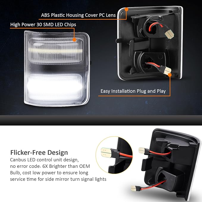 Side Mirror Lights Clear Lens White for 2008-2016 Ford F250 F350 F450 F550 | LED Side Mirror Marker Lights, White Turn Signal Mirror Light, Replace OEM Mirror Marker Lamps, Pack of 2