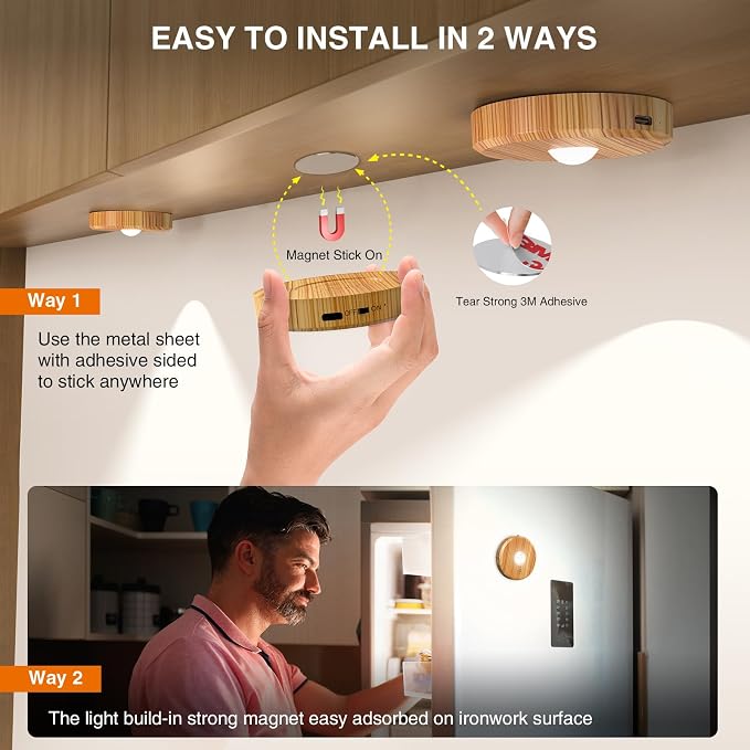 Puck Lights with Remote Control,Under Cabinet Lighting,Wood,5PCS | 2200mAh Rechargeable Push Light,3 Color Temperatures Dimmable Under Cabinet,Closet Light,Tap Light for Shelf,Bookcase