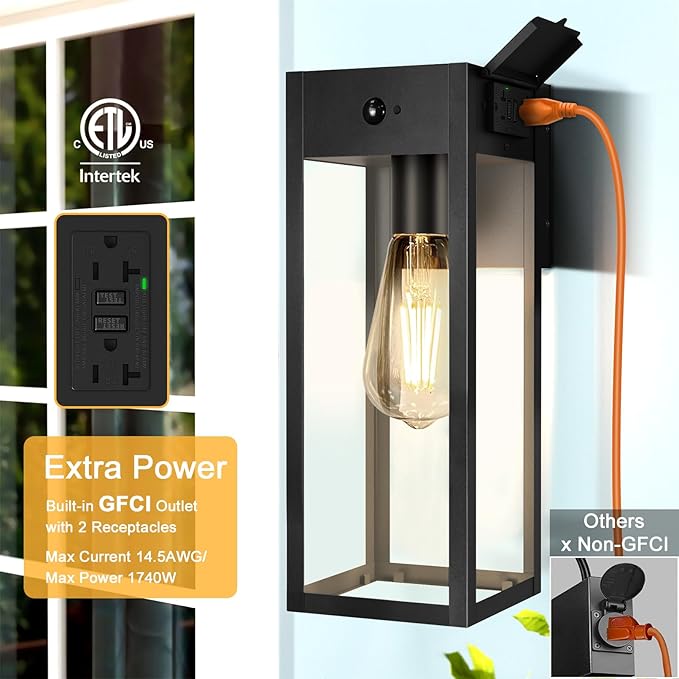 Porch Lights with GFCI Outlet, Large Motion Sensor Outdoor Lights | Dusk to Dawn, Anti-Rust, Waterproof, Tempered Glass, Easy Installation, E26 Socket, Exterior Lighting for Patio Garage, Black