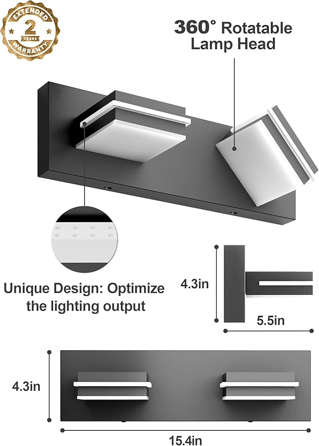 VOLISUN Modern Bathroom Vanity Light Fixtures (2-Light, 15.5-Inch), Matte Black LED Bathroom Lighting Fixtures Over Mirror, 360°Rotatable Head, LED Vanity Lights for Bathroom (Cool White 6000K)