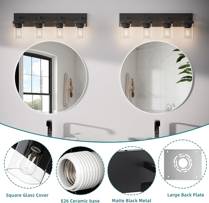 Bathroom Vanity Light, Square Design 4 Lights Morden Bathroom Lighting Fixtures Over Mirror, Black Bathroom Light Vanity Fixtures for Bathroom/Living Room/Bedroom