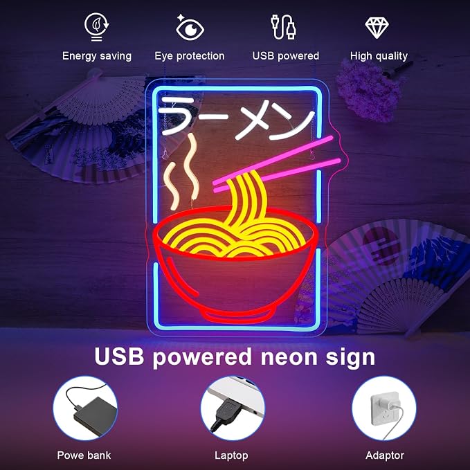 Ramen Neon Sign Pink LED Noodles Light Up Restaurant Shop Bedroom Home Bar Noodles Decor Anime Neon Signs for Wall LED Japanese Decor Gifts for Teen Ramen Lover in Anime Party