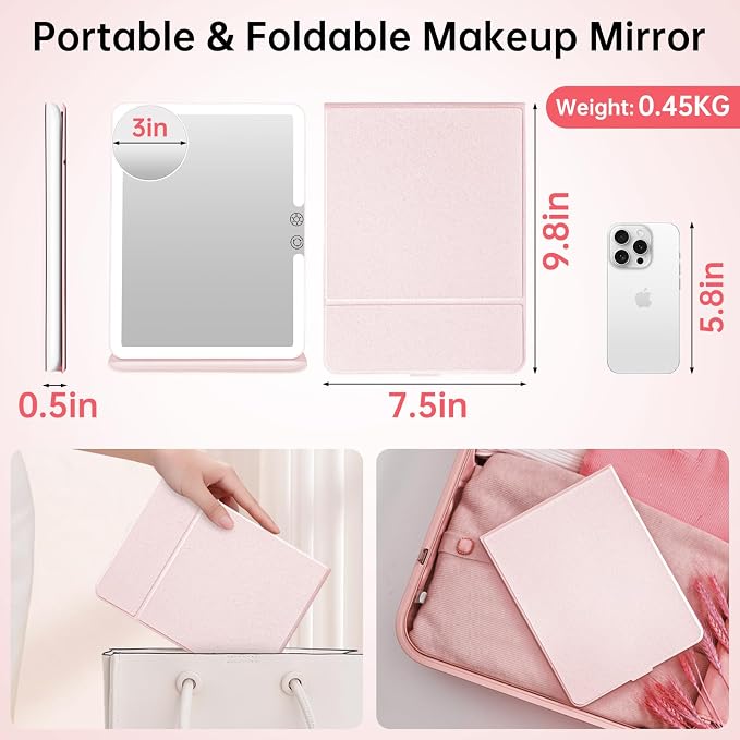 FUNTOUCH 2500mAh Large Rechargeable Travel Makeup Mirror with Lights (Pink) | Portable Makeup Mirror with 10X Magnifying Mirror 3 Lighting Modes, Tabletop Folding Travel Mirror with PU Leather Cover