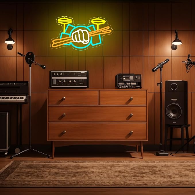 Drum Set Neon Sign for Wall Decor Music Led Sign Musical Instrument Neon Light Drummer Led Light Drum Neon Light Sign for Music Studio Wall Art Musical Show Wall Decor