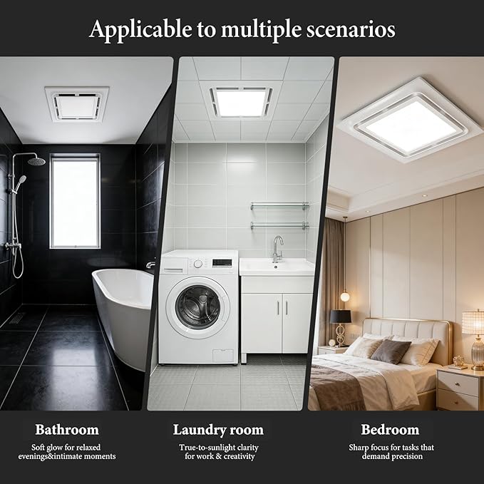 Bathroom Exhaust Fan with Light 145 CFM, 11.8" Panel, 1.0 Sone Low Noise，Cutout Size 10" x10"，Duct 4 Inch Quiet Bath Ceiling Vent Fan Combo with 6500K 1200LM LED Light, for Bathroom, Laundry, Shower