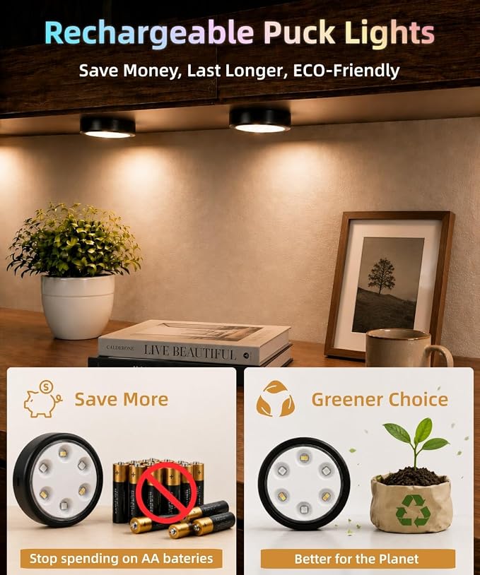HOLKPOILOT Puck Lights with Remote, 2000mAh Battery Operated Rechargeable Under Cabinet Lighting, 3 Color Temps & 7 RGB Colors, Magnetic Closet Light, Black Wireless Puck Light for Kitchen, Shelf.