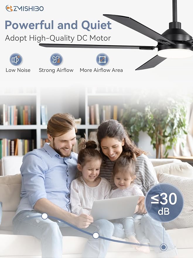 ZMISHIBO 60" Ceiling Fans with Lights and Remote, Black Modern for Indoor | Large Size, 3CCT, Downrod Mount, Farmhouse Dual Finish Blades, Quiet&Strong Motor, Memory Function for Bedroom, Living Room