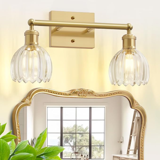 Vintage Bathroom Light Fixtures,2-Light Rustic Vanity Lights for Bathroom,Hallway,16.5 in Brass Vanity Lights,Tulip Light Fixtures for Mirror with Clear Tulip Glass Shade for Bedroom,E26 Base