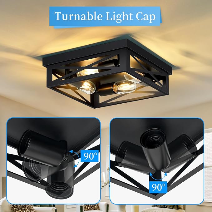 SKEJAO Black Flush Mount Ceiling Light Fixture,4-Light Square Hallway Light Fixtures Ceiling,Light Fixtures Ceiling Mount for Farmhouse,Kitchen,Hall,Bedroom (2 Pack)