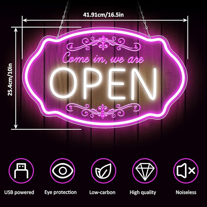 LED Neon Open Sign for Business, 16.5x10'' Come in We’re Open Sign, Pink&White Adjustable Brightness Neon Lights for Party, Bar, Salon, Stores, Hotel, Wall Decor, Clubs, Hotels