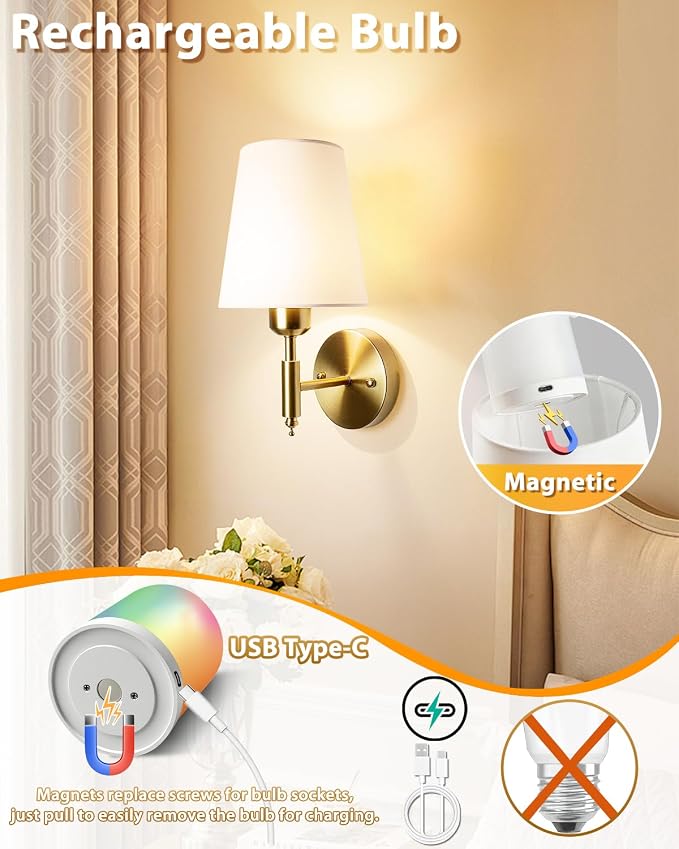 Adetu Battery Operated Wall Sconces Set of 2, Gold Rechargeable Wall Lights | 10000mAh RGB Rechargeable Magnetic Bulb, 5%-100% Dimmable, Battery Wall Sconce for Bedroom Wall Decor