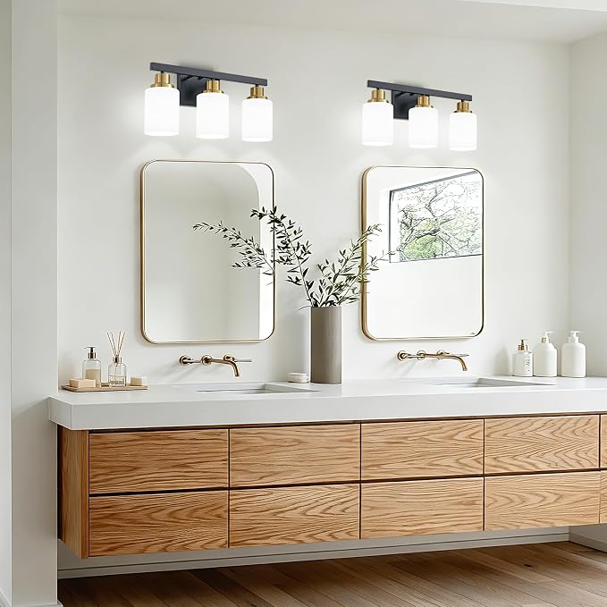 3-Light Vanity Lights,Black and Gold Bathroom Light Fixtures,17" | Modern Black Vanity Lights with White Frosted Glass Shade,Bathroom Lighting Fixtures over Mirror Wall Lamp Sconces