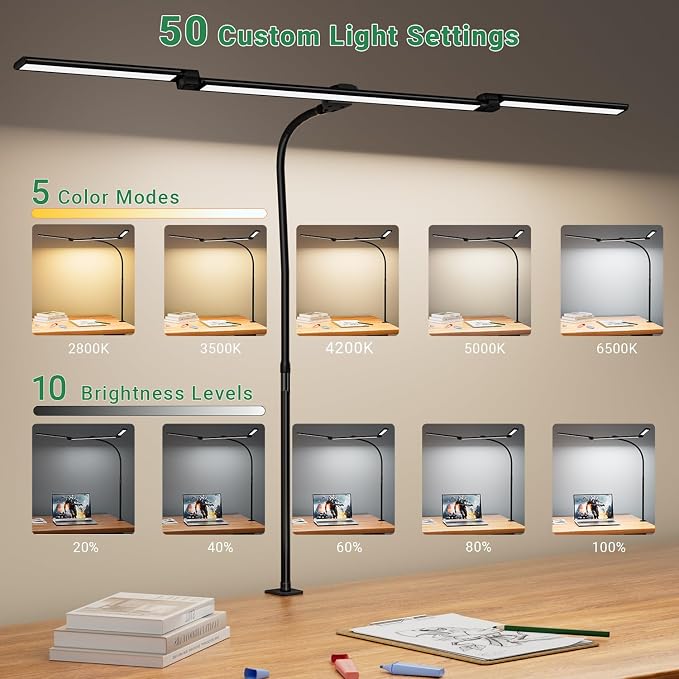 LED Desk Lamp for Home Office,3 Lamp Bars, 5 Color Temperatures & 10 Dimming Brightness, Flexible Neck, 15W USB Adapter Desk Light with Clamp for Reading, Study, Craft (Black)
