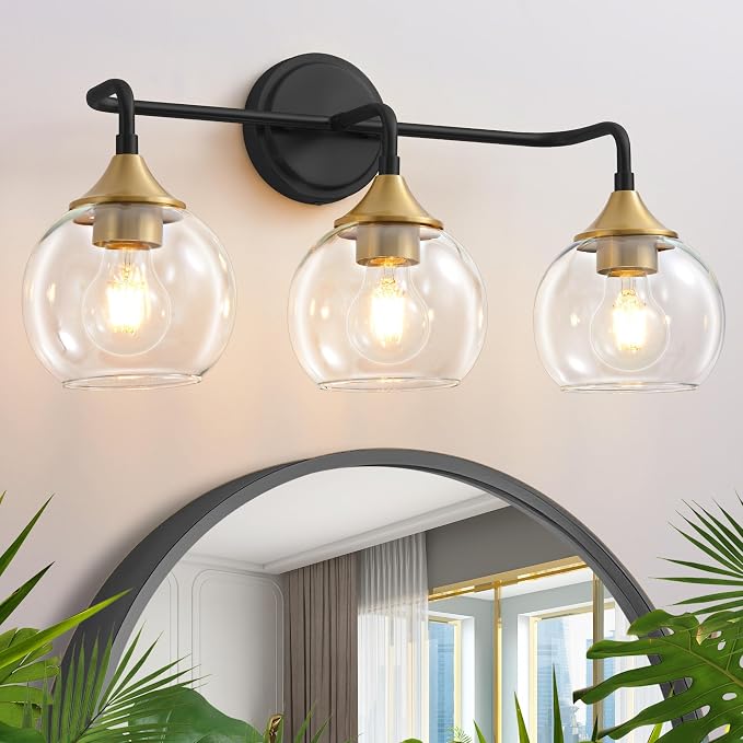 Bathroom Light Fixtures 3-Light Black and Gold Vanity Light 22" | Farmhouse Bathroom Lights, Thickened Clear Glass Shade, UL E26 Dimmable Vanity Lighting Fixtures Over Mirror