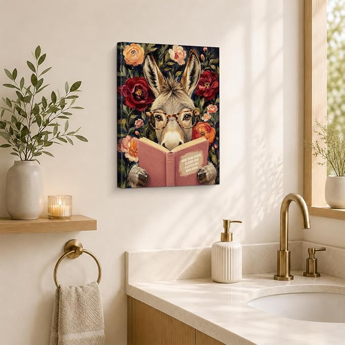 NSFBESSLIA Funny Reading Donkey Painting, Whimsical Floral Animal Decor, How To Be Sassy Classy And A Little Bit Kick-Assy, Wall Art for Living Room Bedroom Entryway, 8x10 Inch
