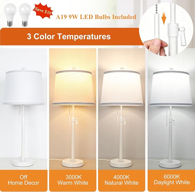 JUNNAI White Table Lamps Set of 2, 22" to 30" Adjustable Height Bedside Lamps for Living Room 3 Color Temperatures Tall Nightstand Modern Lamp for Bedroom Office End Table (Bulbs Included)