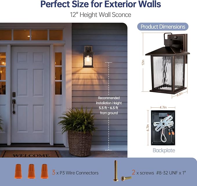 Dusk to Dawn Porch Light, Oil-Rubbed Bronze Outdoor Light Fixture | 2-Pack Outdoor Wall Light with Water Ripple Glass, Hardwired Aluminum Outside Wall Lantern, E26 Socket, Bulb Not Included