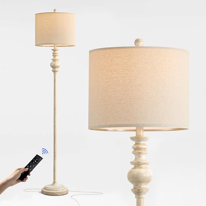 BOBOMOMO 64.25" Farmhouse Floor Lamp with Remote, Dimmable Floor Lamp with Adjustable Color Temperatures, Antique White Floor Lamp with Gold Accents for Living Room Corner, Bedroom, 9W Bulb Included