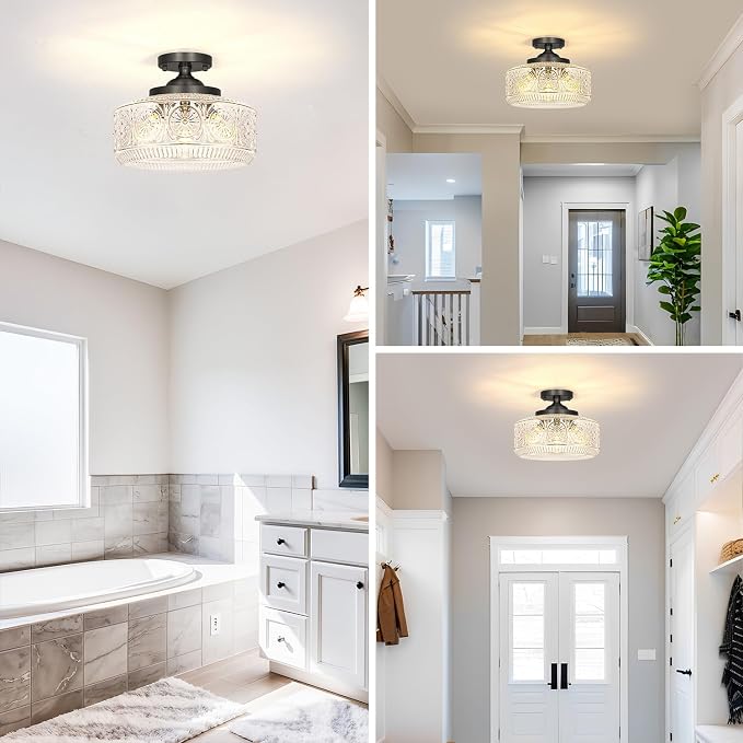 DSMJFU Black Semi Flush Mount Ceiling Light, 3-Light Vintage Ceiling Light Fixture, Hallway Lighting Fixture with Thickened Glass, 12In Kitchen Ceiling Mount Light for Entryway Bedroom Bathroom, E12*3