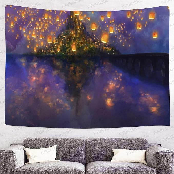 F-FUN SOUL Night Castle Tapestry, 60x60inchs Soft Flannel, Cartoon Castle lantern Fuzzy Pattern Wall Hanging Tapestries for Bedroom Living Room Decor GTOKFS0775