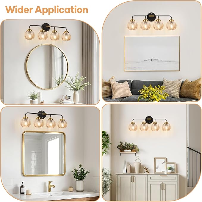 MOKATNG Bathroom Light Fixtures, 4-Light Amber Vanity Lights with Unique Leaf Texture Glass Shade, Modern Matte Black and Gold Bathroom Wall Lamp for Mirror Hallway Cabinet Living Room
