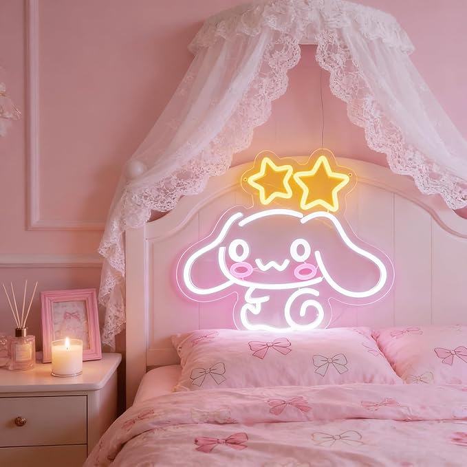 Cinnamoroll Neon Sign for Room Decor, USB Powered LED Lights with Dimmable, Japanese Cartoon Dog Neon Signs, Cute Night Light Gifts for Children (14.96"L x 12.99"W)