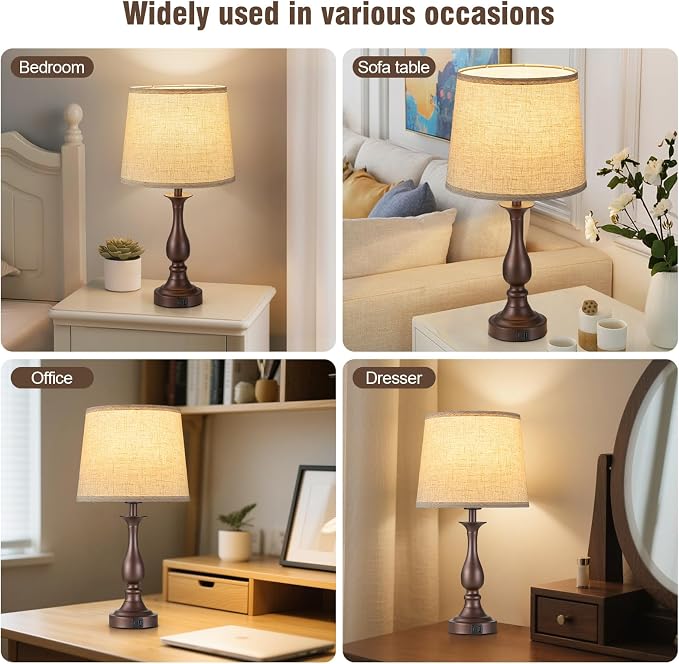 Bedside Table Lamp Touch Control Bedroom Lamps with USB A + C Charging Port 3 Way Dimmable Touch Lamps for Nightstand Living Room Bedroom Dorm Home Office Reading, Set of 2 (Beige Shade & Brown Base)
