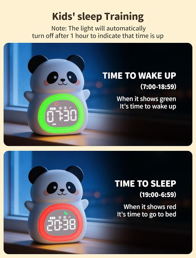 MASHI Panda Kids Alarm Clock with Time to Wake Sleep Trainer White Noise | Sun & moon wake cues, 7-color night light,Snooze， dual alarms and 6 soothing sounds help kids build healthy sleep habits.