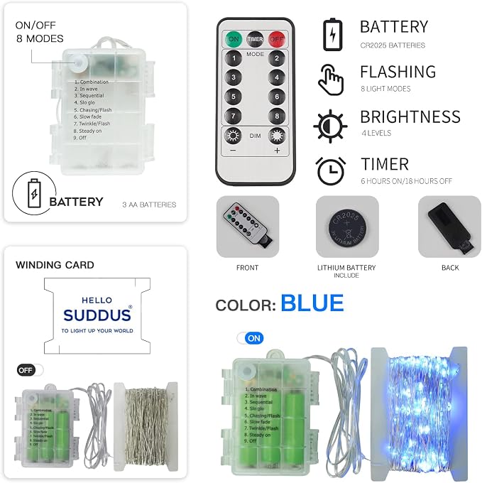Blue LED Christmas Lights Outdoor，200led 66ft Battery Operated Fairy Lights Indoor, Twinkle Lights for Bedroom, Halloween, Backyard, Tree, Dorm, Patio, Tapestry, Garden, Party