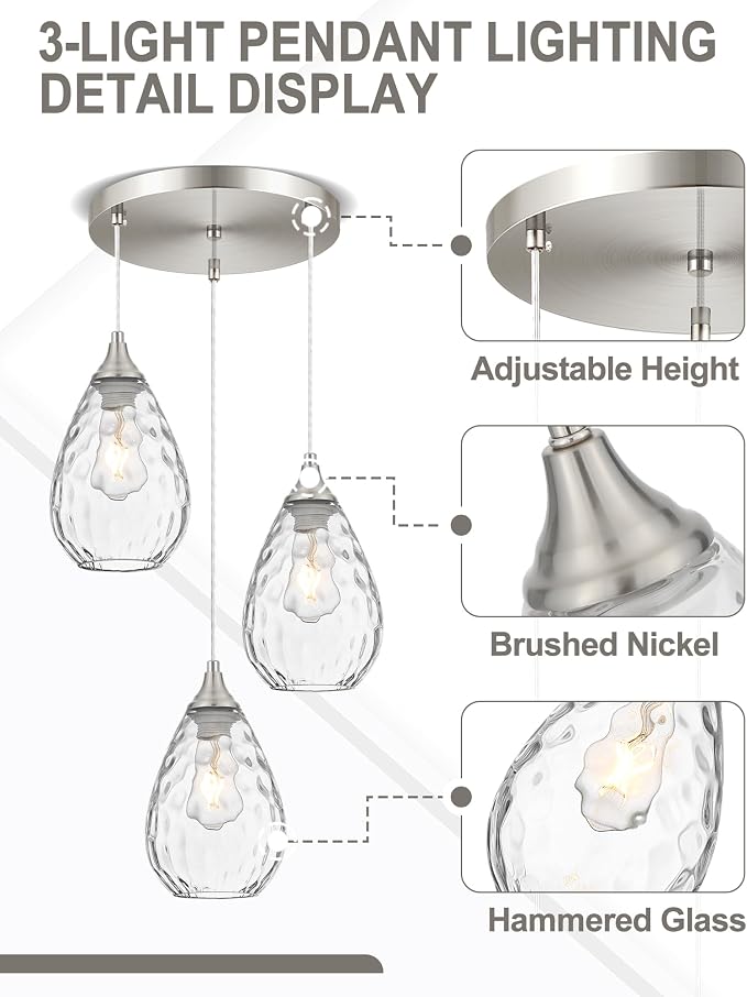 Brushed Nickel Dining Room Chandelier Light Fixture Over Table, Modern 3-Light Pendant Lighting with Hammered Glass, Cluster Hanging Lights for Kitchen Island Dining Room