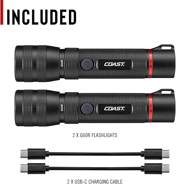 Coast G60R 1000 Lumen Waterproof Rechargeable LED Flashlight, 2-Pack