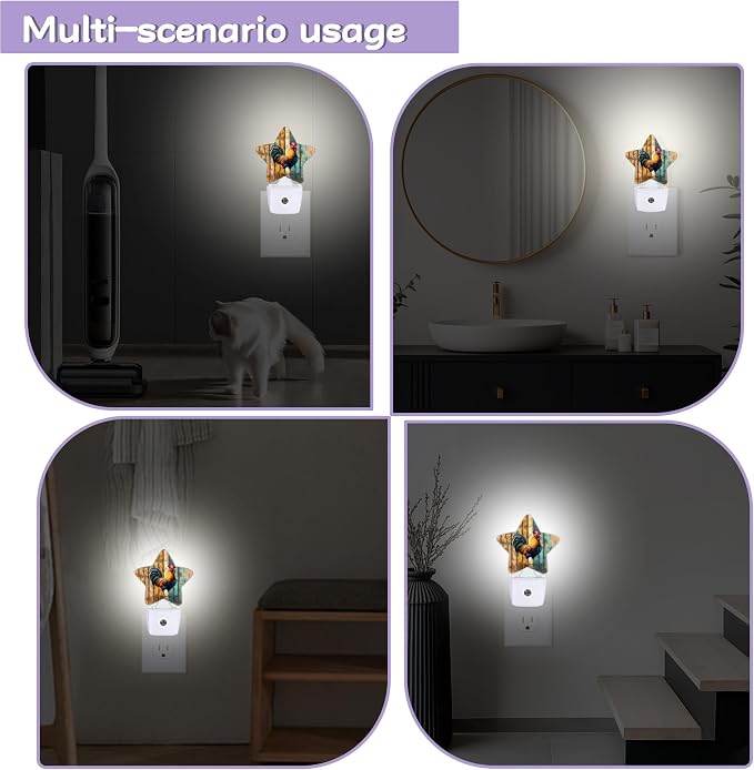Chicken Rooster Nightlights Plug in Wall,Wooden Board Decorative Star Lamp with Automatic Lighting for Living Space,Gentle Glow for Kids Room,Hallway,Bathroom
