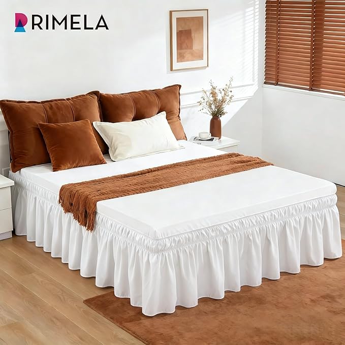 RIMELA Warm White Bed Skirt King Size 15 Inch Drop, Wrap Around Elastic Adjustable Bedskirt, Bed skirting Dust Ruffle for Bed Frame & Box Spring Soft Durable Fabric Machine Washable Easy to Install