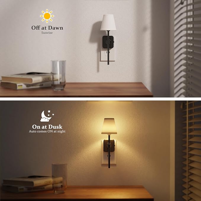 JandCase Night Lights Plug into Wall, Vintage Nightlights | Dusk to Dawn Sensor, 0-100LM Dimmable, Pleated Fabric Beige Lamp for Living Room Bedroom Hallway