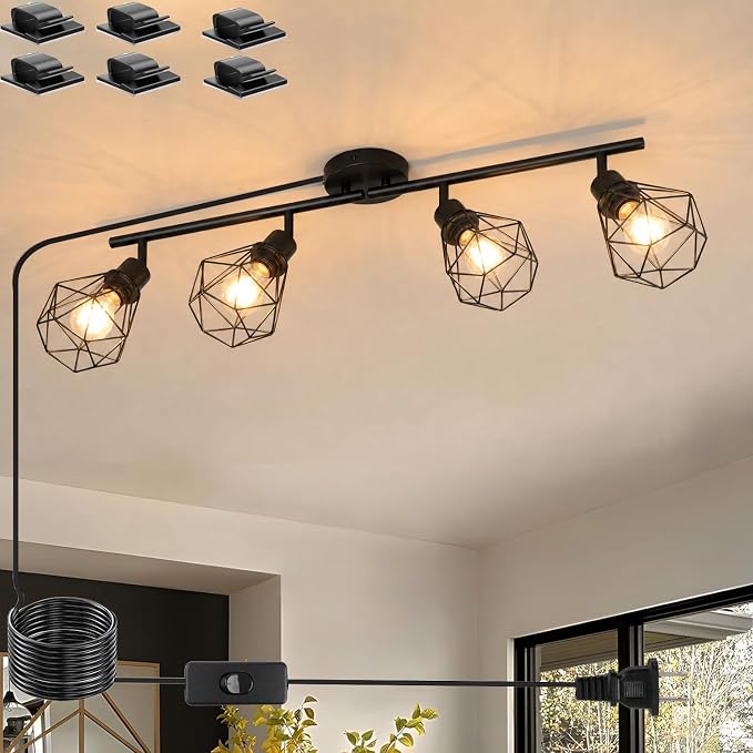 Plug in Track Lighting Kit, 80cm LED 4 Light Kitchen Track Lighting, Corded Wall Light with 16.4ft Cord, 4 Way Ceiling Spot Lighting Flexibly Rotatable Head Not Include Bulb (4-Black-Cage)