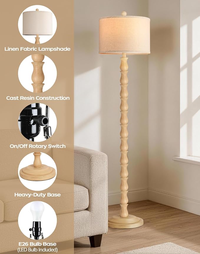 63.5" Rustic Floor Lamp for Living Room, Farmhouse Floor Lamp with Rotary Switch & Linen Shade, Vintage Resin Tall Standing Lamp for Bedroom Corner Office Home Decor, Cream (LED Bulb Included)