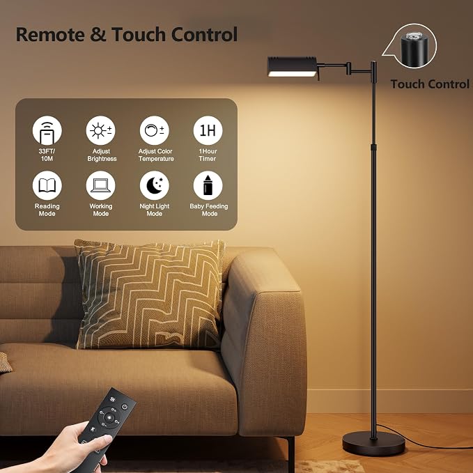 SUNMORY Dimmable LED Pharmacy Floor Lamps, 16W/1500LM Bright Reading Lamp | Remote Touch Control, 350°Swing Arm, Adjustable Height, Task Craft Tall Standing Light for Living Room Bedroom Office, Black