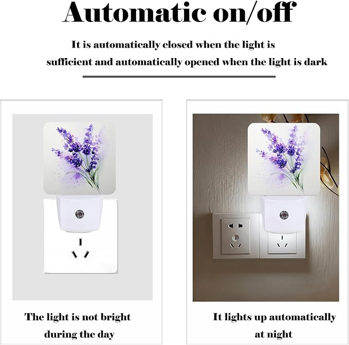 Purple Lavender Flowers Night Light,Wild PlantsPlug Into Wall for Boys Girls Bedroom Decorative Square Night Light Lamp 0.5w Sleep Friendly