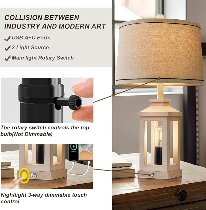 G-SAFAVA 23.75" Retro Farmhouse USB C+A Ports Table Lamp with 3 Way Dimmable Touch Control White Nightlight Vintage Modern Lamp for Living Room Bedroom with 2 Light Sources